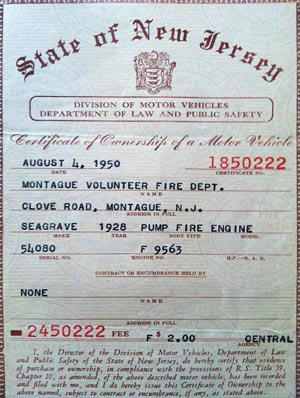 Certificate of Purchase first fire truck